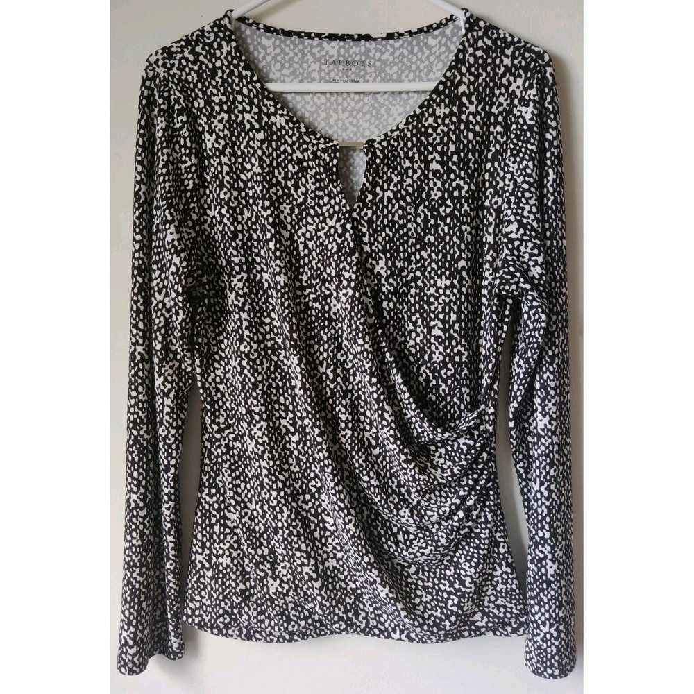 Talbots Women's Black/White Long Sleeve Draped Wrap Front Keyhole Neck Size S